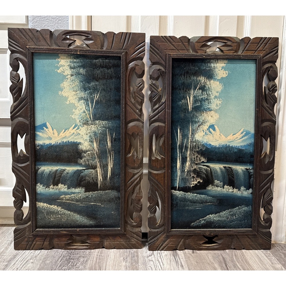 VTG 70s Velvet Painting Mountain Trees Water Landscape Hand Carved Wood Frame